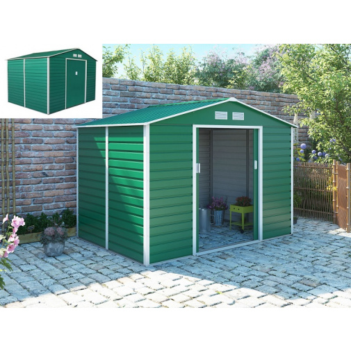 Plechový zahradní domek na nářadí G21 GAH 529 zelený + AKCE, montovaný, 277 x 191 cm