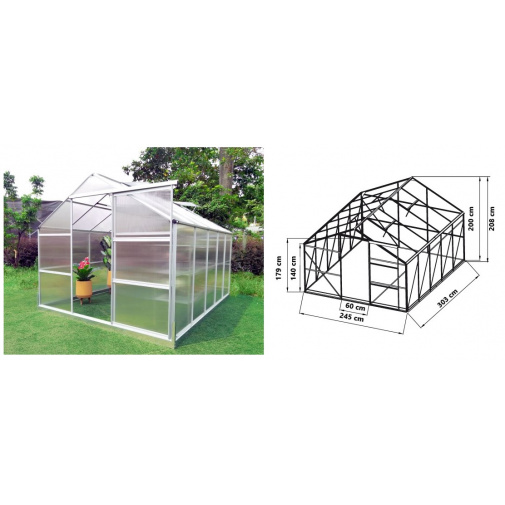 Polykarbonátový zahradní skleník VeGA 8000 STRONG - 22 + AKCE, rozměry š.245 x d.303 x v.208cm