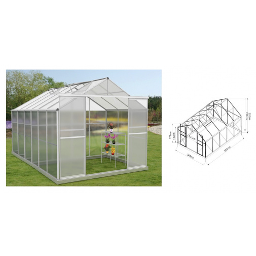 Polykarbonátový zahradní skleník VeGA Komfort 9000 STRONG - 22 + AKCE, rozměr 245 x 363 x 220cm