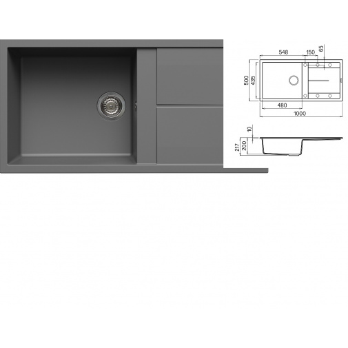 ELLECI UNICO 480 G48 Cemento + AKCE+, Granitový dřez s odkapem šedý
