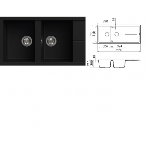 Granitový dvoudřez černý ELLECI UNICO 500 G40 Nero/Full black + AKCE, Kuchyňský dvoudřez s odkapem