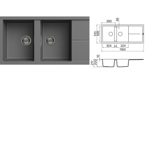 Granitový dvoudřez šedý ELLECI UNICO 500 G48 Cemento + AKCE, Kuchyňský dvoudřez s odkapem