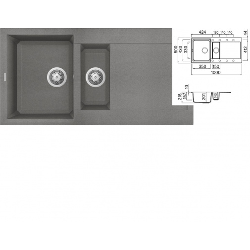 ELLECI EASY 475 G48 Cemento + AKCE Záruka+, Kuchyňský granitový dřez s vaničkou šedý, 100x50cm