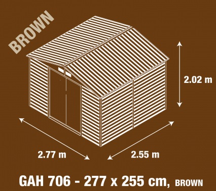 Obrázek galerie pro produkt G21 GAH 706 hnědý + AKCE, Montovaný zahradní domek plechový na nářadí 277 x 255cm, dekor dřeva