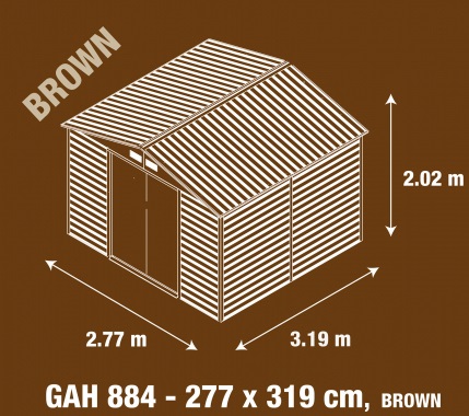 Obrázek galerie pro produkt Zahradní domek na nářadí G21 GAH 884 hnědý + AKCE, plechový, rozměr 2,7 x 3,1 m, dekor dřeva