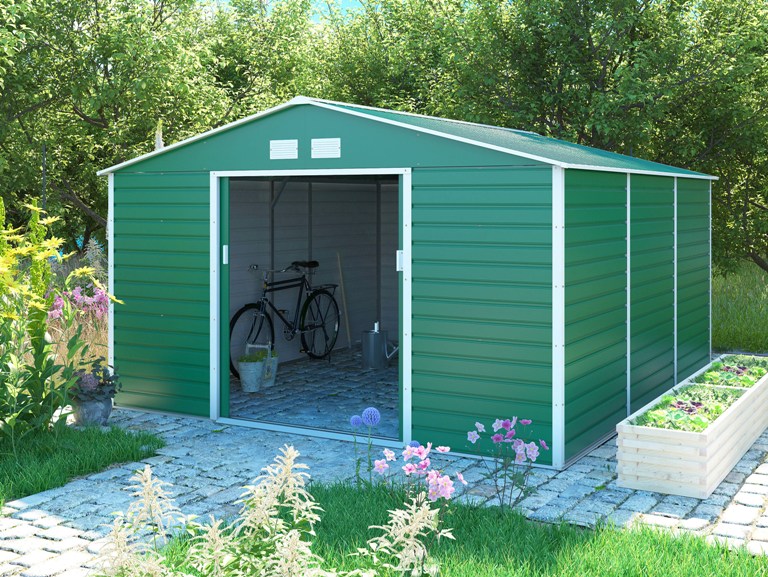 Obrázek galerie pro produkt G21 GAH 1300 zelený + AKCE%, Zahradní plechový domek na nářadí 340 x 382 cm