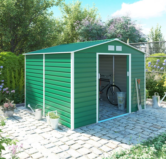 Obrázek galerie pro produkt Plechový zahradní domek na nářadí G21 GAH 706 zelený, montovaný, 277 x 255 cm