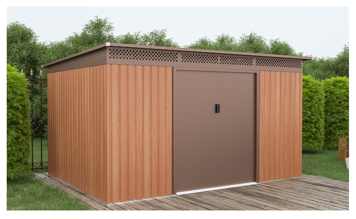 Obrázek galerie pro produkt Zahradní domek na nářadí G21 GRAH 915 hnědý + AKCE, plechový s pultovou střechou, 3,4 x 2,7m