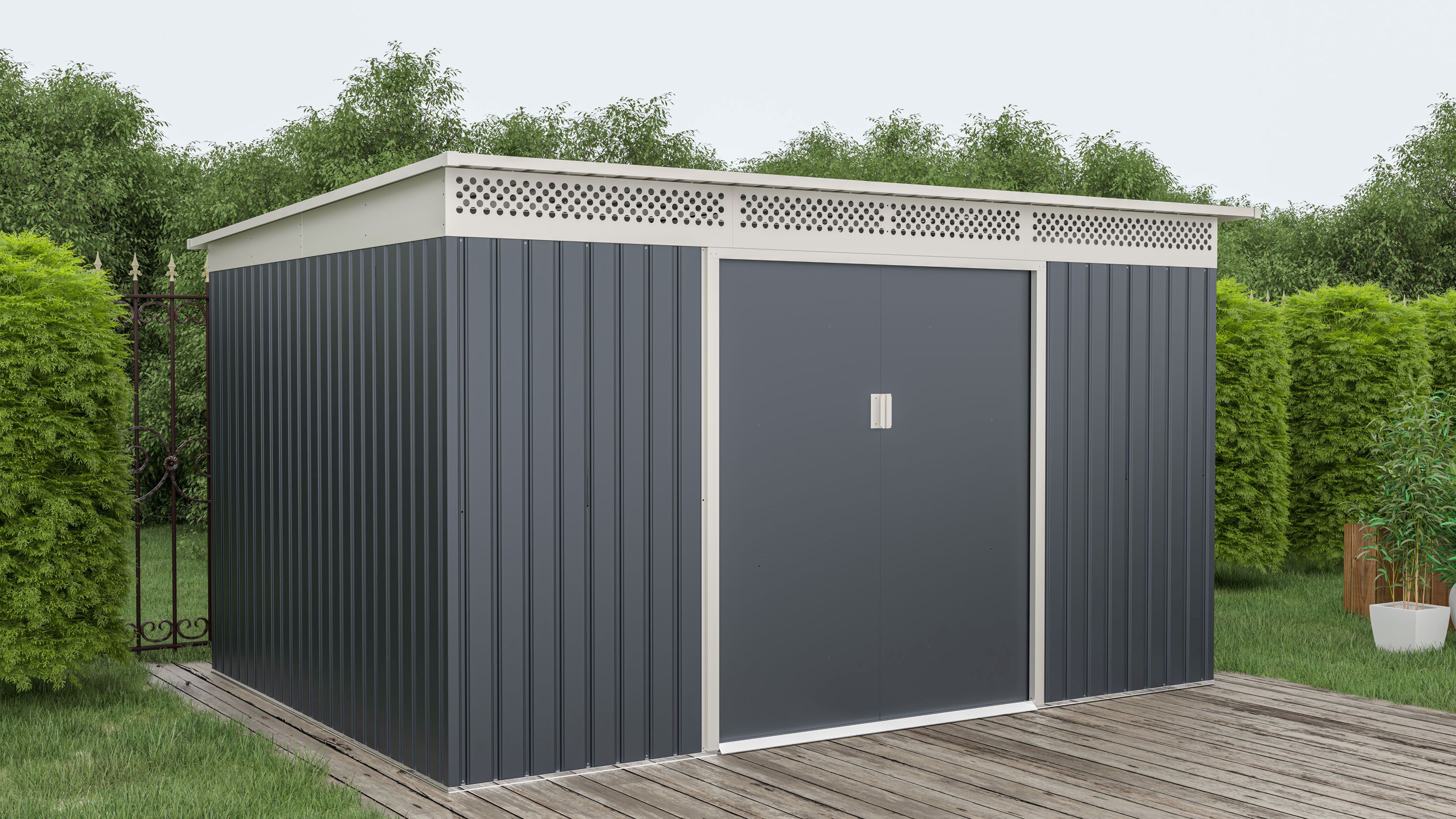 Obrázek galerie pro produkt Plechový zahradní domek G21 GRAH 915 antracit + AKCE+, domek na nářadí s pultovou střechou, 3,4 x 2,7m