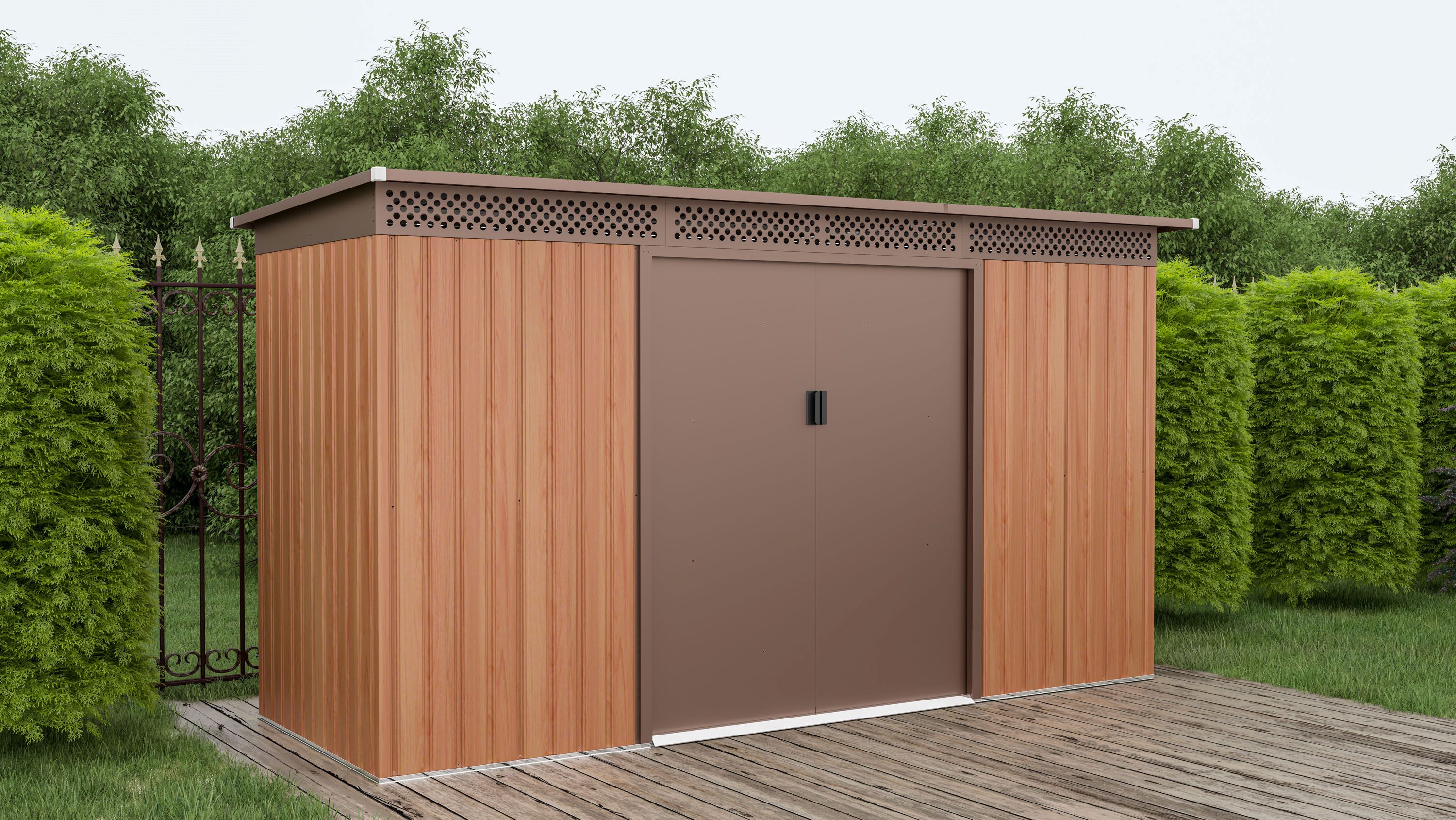 Obrázek galerie pro produkt G21 GRAH 483 hnědý + AKCE+, Zahradní domek plechový s pultovou střechou, 340x142cm