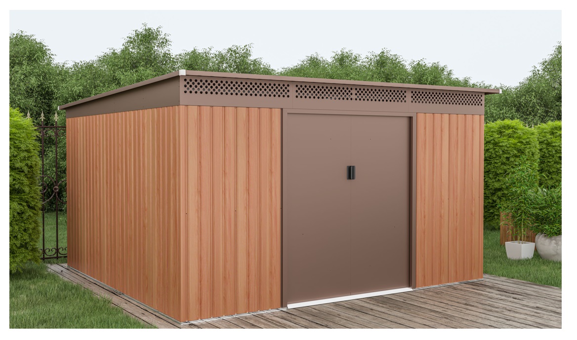 Obrázek galerie pro produkt Plechový zahradní domek G21 GRAH 1132 hnědý + AKCE, domek na nářadí s pultovou střechou, 3,4 x 3,3m
