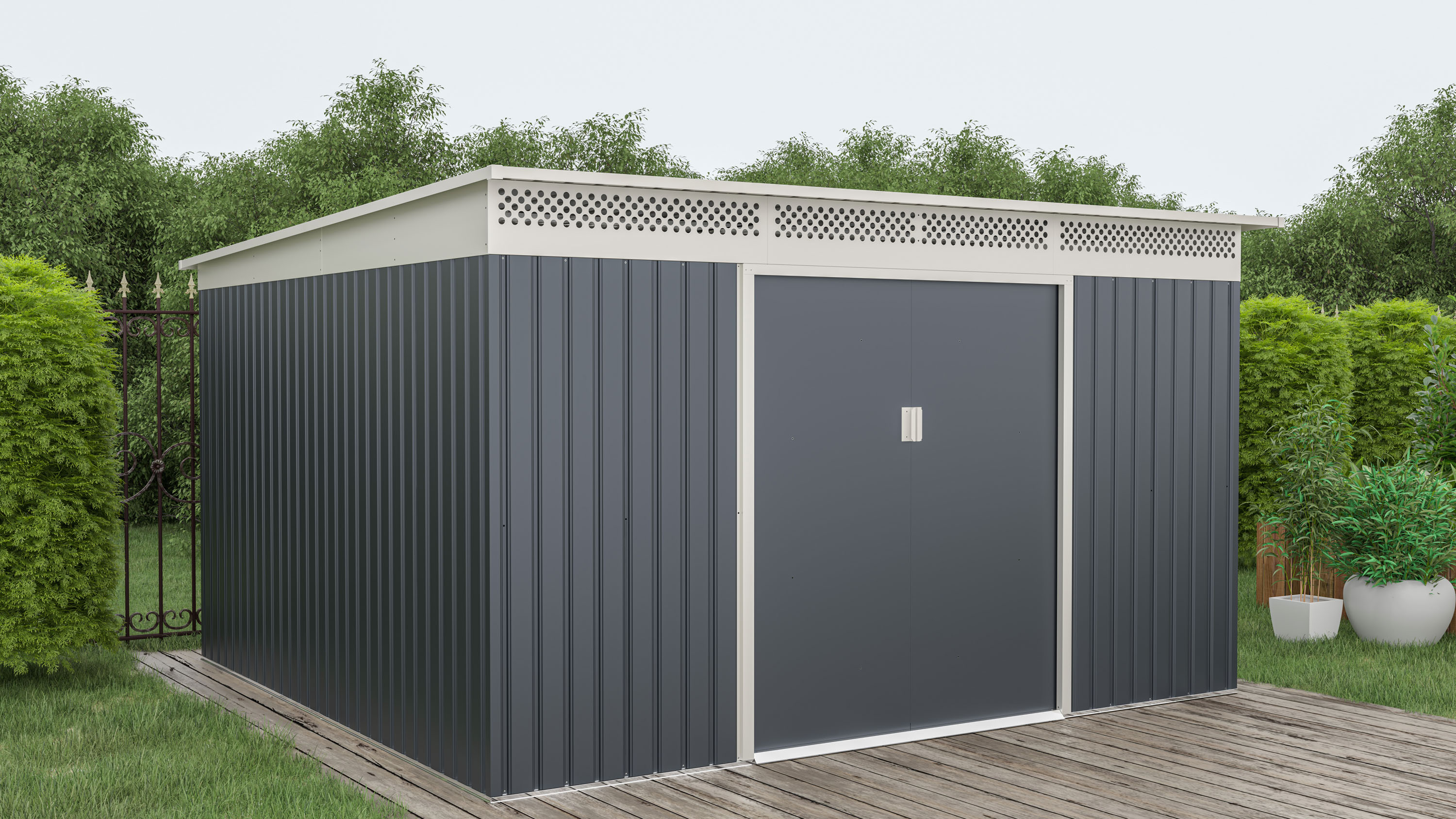 Obrázek galerie pro produkt Zahradní domek na nářadí G21 GRAH 1132 antracit + AKCE, plechový s pultovou střechou, 3,4 x 3,3m