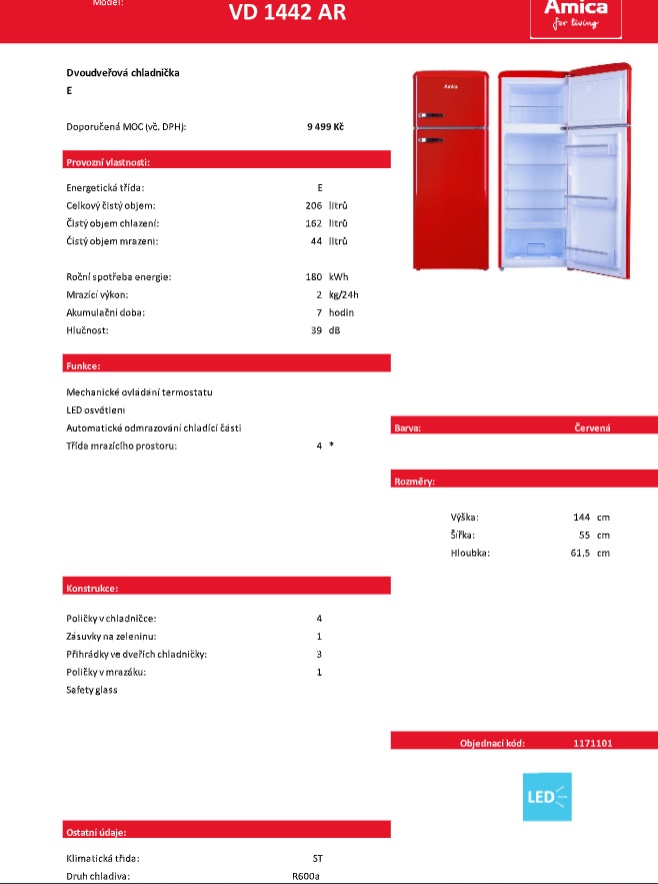 Obrázek galerie pro produkt Amica VD 1442 AR Retro lednice červená s mrazákem nahoře 144cm