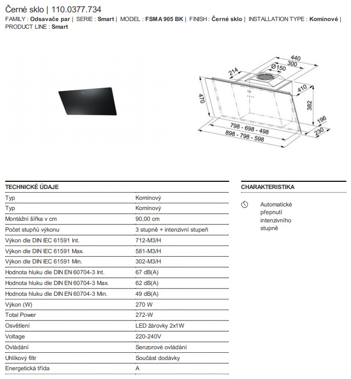 Obrázek galerie pro produkt Digestoř komínová FRANKE FSMA 905 BK Smart + AKCE, šikmá 90cm, Černé sklo